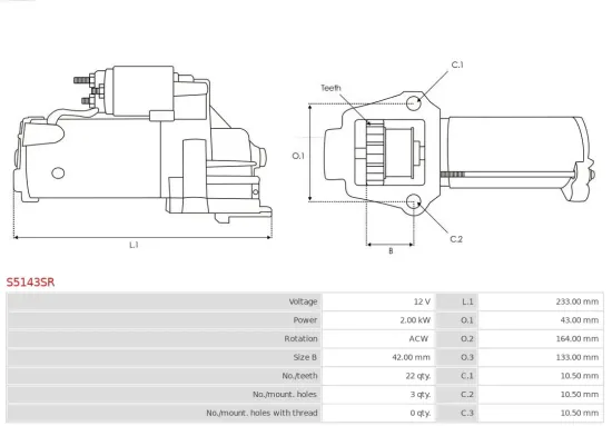 Starter 12 V 2 kW AS-PL S5143SR Bild Starter 12 V 2 kW AS-PL S5143SR