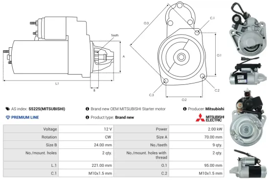 Starter 12 V 2 kW AS-PL S5225(MITSUBISHI) Bild Starter 12 V 2 kW AS-PL S5225(MITSUBISHI)
