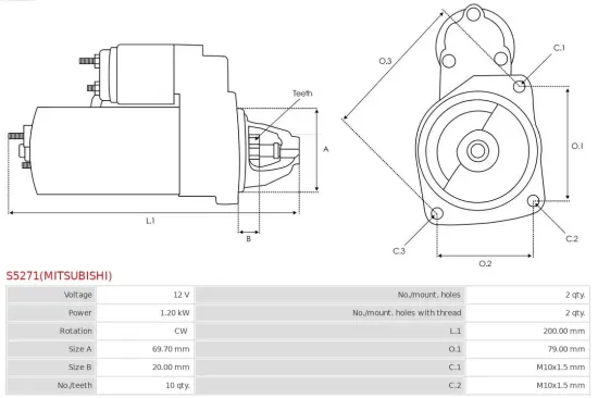 Starter 12 V 1,2 kW AS-PL S5271(MITSUBISHI) Bild Starter 12 V 1,2 kW AS-PL S5271(MITSUBISHI)