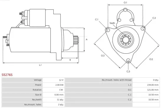 Starter 12 V 2 kW AS-PL S5276S Bild Starter 12 V 2 kW AS-PL S5276S