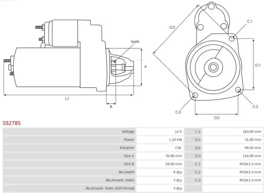 Starter 12 V 1,2 kW AS-PL S5278S Bild Starter 12 V 1,2 kW AS-PL S5278S