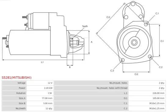 Starter 12 V 2,2 kW AS-PL S5281(MITSUBISHI) Bild Starter 12 V 2,2 kW AS-PL S5281(MITSUBISHI)