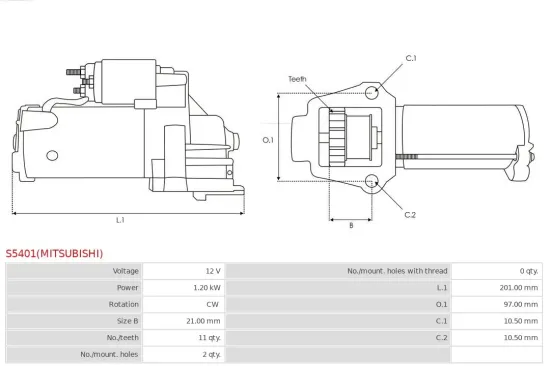 Starter 12 V 1,2 kW AS-PL S5401(MITSUBISHI) Bild Starter 12 V 1,2 kW AS-PL S5401(MITSUBISHI)