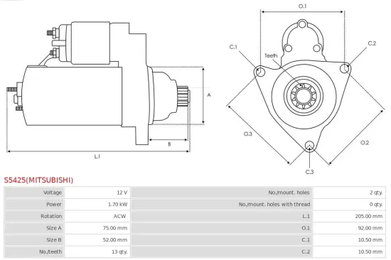 Starter 12 V 1,7 kW AS-PL S5425(MITSUBISHI) Bild Starter 12 V 1,7 kW AS-PL S5425(MITSUBISHI)