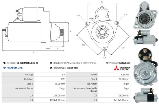 Starter 12 V 1,2 kW AS-PL S5438(MITSUBISHI) Bild Starter 12 V 1,2 kW AS-PL S5438(MITSUBISHI)