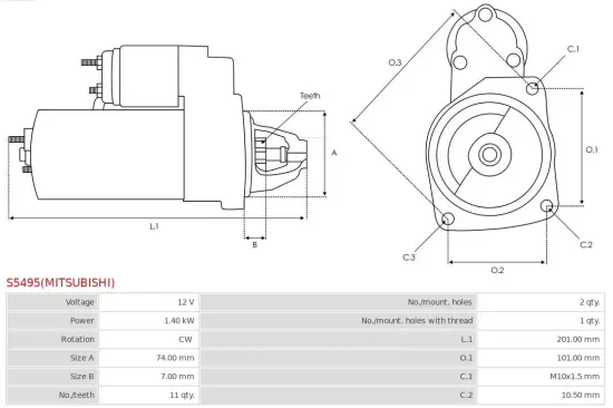 Starter 12 V 1,4 kW AS-PL S5495(MITSUBISHI) Bild Starter 12 V 1,4 kW AS-PL S5495(MITSUBISHI)