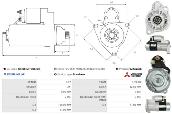 Starter 12 V 1,4 kW AS-PL S5498(MITSUBISHI) Bild Starter 12 V 1,4 kW AS-PL S5498(MITSUBISHI)