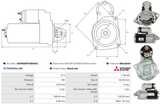 Starter 12 V 1,4 kW AS-PL S5499(MITSUBISHI) Bild Starter 12 V 1,4 kW AS-PL S5499(MITSUBISHI)