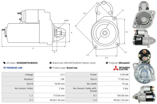 Starter 12 V 0,95 kW AS-PL S5500(MITSUBISHI) Bild Starter 12 V 0,95 kW AS-PL S5500(MITSUBISHI)