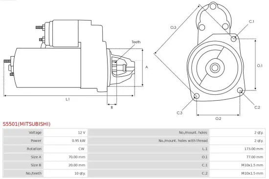 Starter 12 V 0,95 kW AS-PL S5501(MITSUBISHI) Bild Starter 12 V 0,95 kW AS-PL S5501(MITSUBISHI)