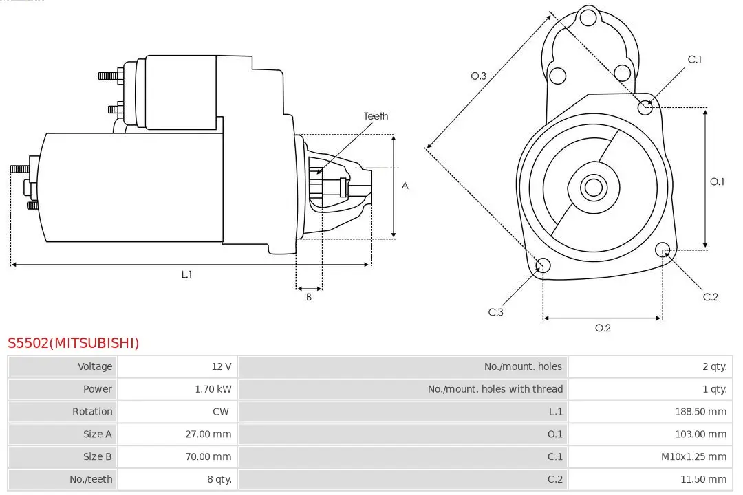 Starter 12 V 1,7 kW AS-PL S5502(MITSUBISHI) Bild Starter 12 V 1,7 kW AS-PL S5502(MITSUBISHI)