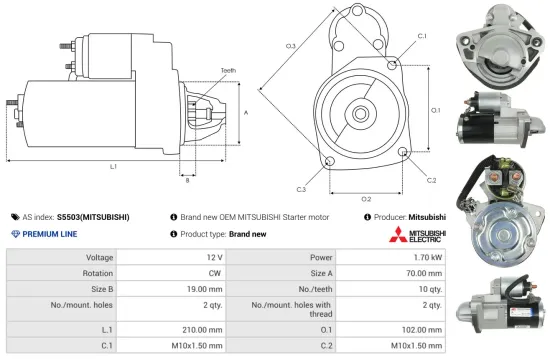 Starter 12 V 1,7 kW AS-PL S5503(MITSUBISHI) Bild Starter 12 V 1,7 kW AS-PL S5503(MITSUBISHI)