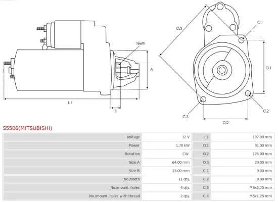 Starter 12 V 1,7 kW AS-PL S5506(MITSUBISHI) Bild Starter 12 V 1,7 kW AS-PL S5506(MITSUBISHI)