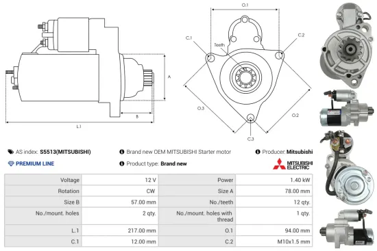Starter 12 V 1,4 kW AS-PL S5513(MITSUBISHI) Bild Starter 12 V 1,4 kW AS-PL S5513(MITSUBISHI)
