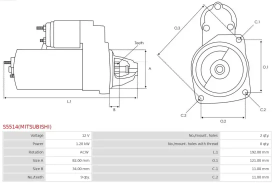 Starter 12 V 1,2 kW AS-PL S5514(MITSUBISHI) Bild Starter 12 V 1,2 kW AS-PL S5514(MITSUBISHI)