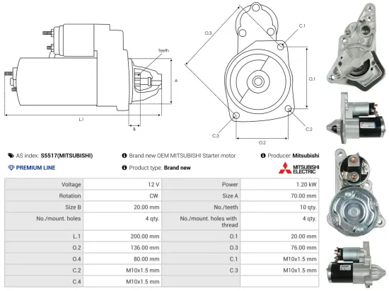 Starter 12 V 1,2 kW AS-PL S5517(MITSUBISHI) Bild Starter 12 V 1,2 kW AS-PL S5517(MITSUBISHI)