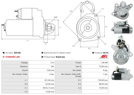 Starter 12 V 1,8 kW AS-PL S5518S Bild Starter 12 V 1,8 kW AS-PL S5518S