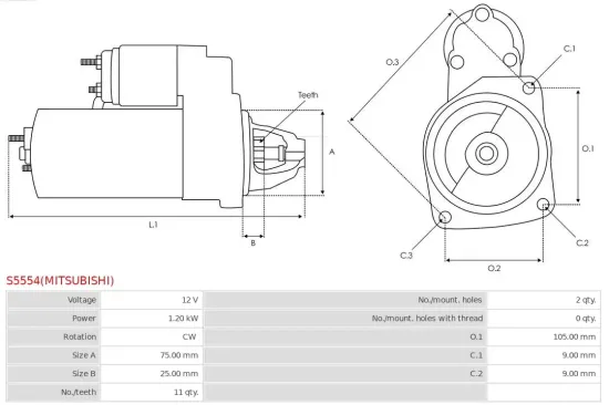 Starter 12 V 1,2 kW AS-PL S5554(MITSUBISHI) Bild Starter 12 V 1,2 kW AS-PL S5554(MITSUBISHI)
