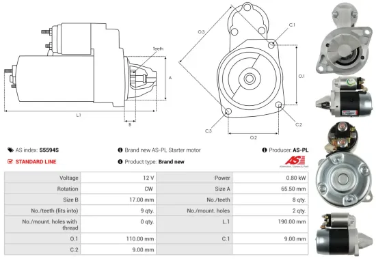 Starter 12 V 0,8 kW AS-PL S5594S Bild Starter 12 V 0,8 kW AS-PL S5594S