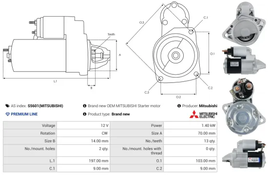 Starter 12 V 1,4 kW AS-PL S5601(MITSUBISHI) Bild Starter 12 V 1,4 kW AS-PL S5601(MITSUBISHI)