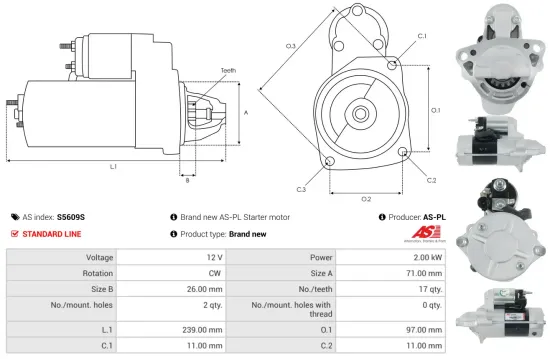 Starter 12 V 2 kW AS-PL S5609S Bild Starter 12 V 2 kW AS-PL S5609S