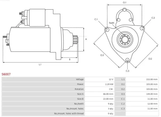 Starter 12 V 2,2 kW AS-PL S6007 Bild Starter 12 V 2,2 kW AS-PL S6007