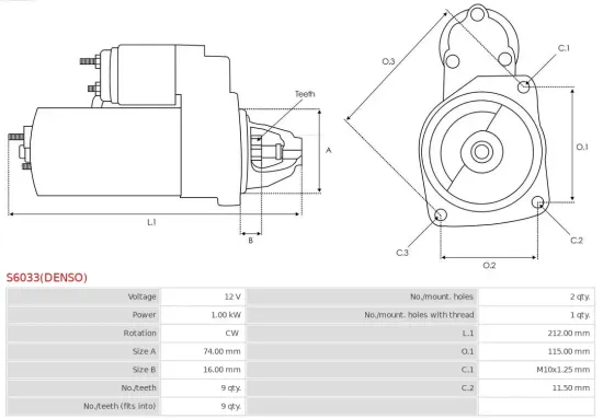 Starter 12 V 1 kW AS-PL S6033(DENSO) Bild Starter 12 V 1 kW AS-PL S6033(DENSO)