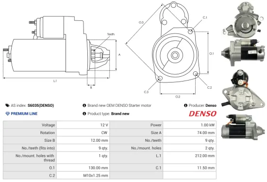 Starter 12 V 1 kW AS-PL S6035(DENSO) Bild Starter 12 V 1 kW AS-PL S6035(DENSO)