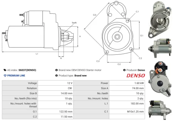 Starter 12 V 1,6 kW AS-PL S6037(DENSO) Bild Starter 12 V 1,6 kW AS-PL S6037(DENSO)
