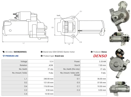 Starter 12 V 2,2 kW AS-PL S6038(DENSO) Bild Starter 12 V 2,2 kW AS-PL S6038(DENSO)