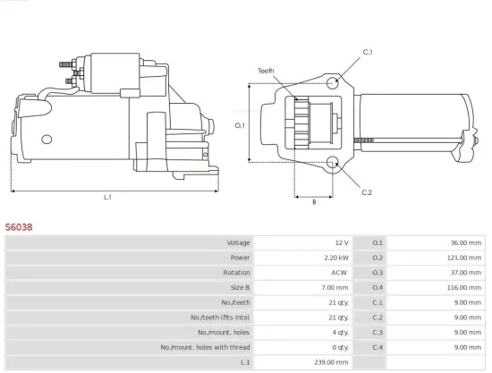 Starter 12 V 2,2 kW AS-PL S6038 Bild Starter 12 V 2,2 kW AS-PL S6038