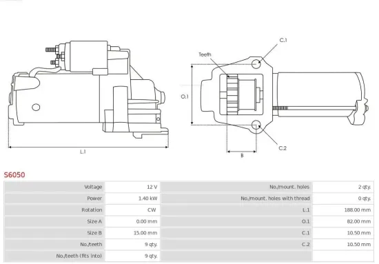 Starter 12 V 1,4 kW AS-PL S6050 Bild Starter 12 V 1,4 kW AS-PL S6050