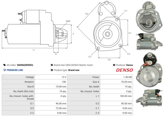Starter 12 V 1,4 kW AS-PL S6056(DENSO) Bild Starter 12 V 1,4 kW AS-PL S6056(DENSO)