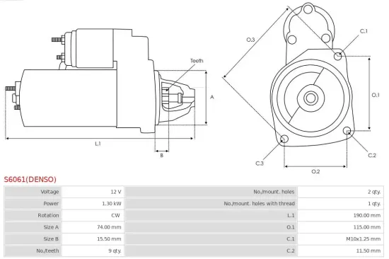 Starter 12 V 1,3 kW AS-PL S6061(DENSO) Bild Starter 12 V 1,3 kW AS-PL S6061(DENSO)