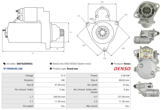 Starter 12 V 2 kW AS-PL S6076(DENSO) Bild Starter 12 V 2 kW AS-PL S6076(DENSO)