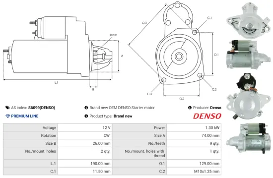 Starter 12 V 1,3 kW AS-PL S6099(DENSO) Bild Starter 12 V 1,3 kW AS-PL S6099(DENSO)