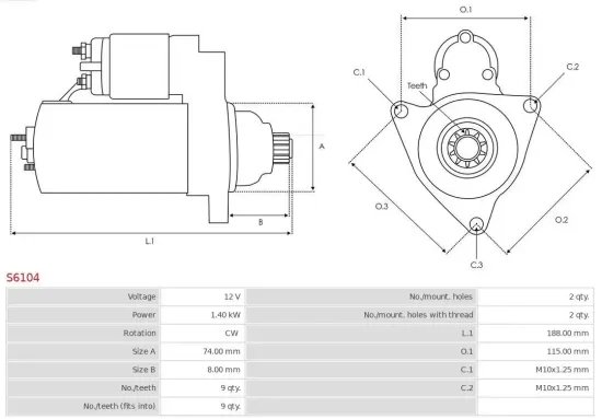 Starter 12 V 1,4 kW AS-PL S6104 Bild Starter 12 V 1,4 kW AS-PL S6104