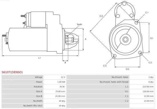 Starter 12 V 1 kW AS-PL S6107(DENSO) Bild Starter 12 V 1 kW AS-PL S6107(DENSO)