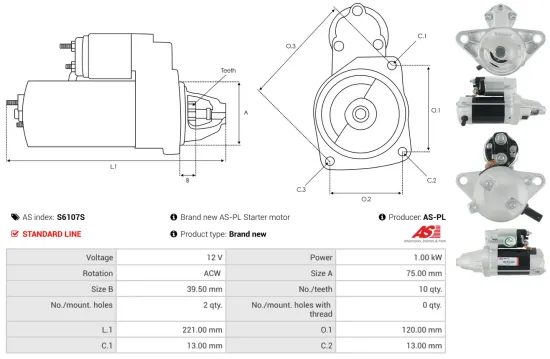 Starter 12 V 1 kW AS-PL S6107S Bild Starter 12 V 1 kW AS-PL S6107S