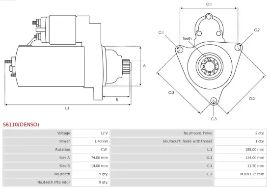 Starter 12 V 1,4 kW AS-PL S6110(DENSO) Bild Starter 12 V 1,4 kW AS-PL S6110(DENSO)