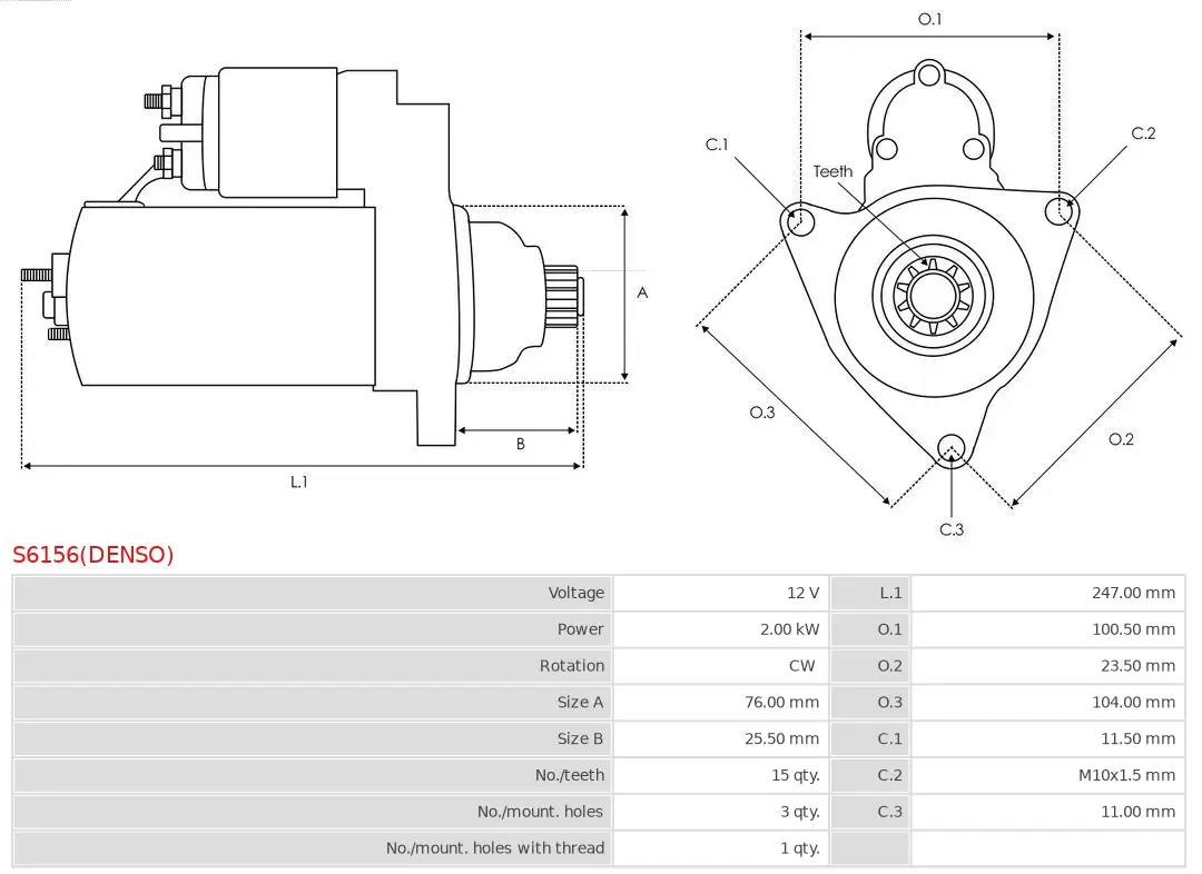 Starter 12 V 2 kW AS-PL S6156(DENSO) Bild Starter 12 V 2 kW AS-PL S6156(DENSO)