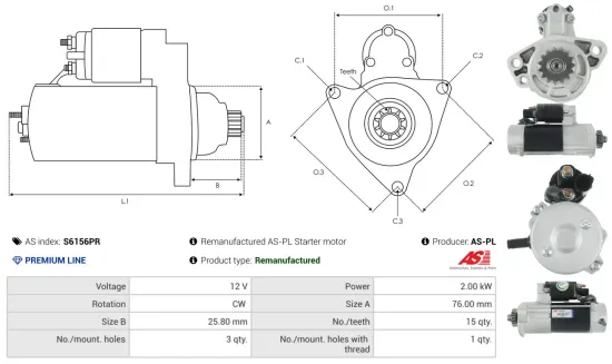 Starter 12 V 2 kW AS-PL S6156PR Bild Starter 12 V 2 kW AS-PL S6156PR