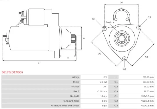 Starter 12 V 2 kW AS-PL S6178(DENSO) Bild Starter 12 V 2 kW AS-PL S6178(DENSO)