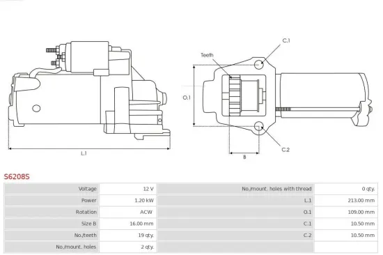 Starter 12 V 1,2 kW AS-PL S6208S Bild Starter 12 V 1,2 kW AS-PL S6208S