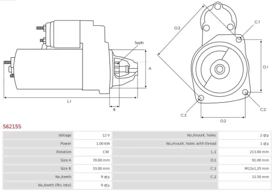 Starter 12 V 1 kW AS-PL S6215S Bild Starter 12 V 1 kW AS-PL S6215S