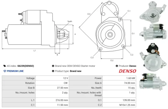 Starter 12 V 1,6 kW AS-PL S6239(DENSO) Bild Starter 12 V 1,6 kW AS-PL S6239(DENSO)