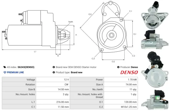 Starter 12 V 1,7 kW AS-PL S6243(DENSO) Bild Starter 12 V 1,7 kW AS-PL S6243(DENSO)