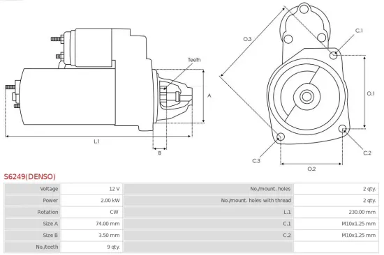 Starter 12 V 2 kW AS-PL S6249(DENSO) Bild Starter 12 V 2 kW AS-PL S6249(DENSO)