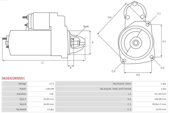 Starter 12 V 1,6 kW AS-PL S6263(DENSO) Bild Starter 12 V 1,6 kW AS-PL S6263(DENSO)