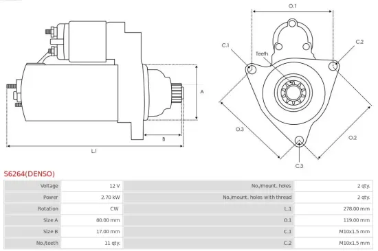 Starter 12 V 2,7 kW AS-PL S6264(DENSO) Bild Starter 12 V 2,7 kW AS-PL S6264(DENSO)